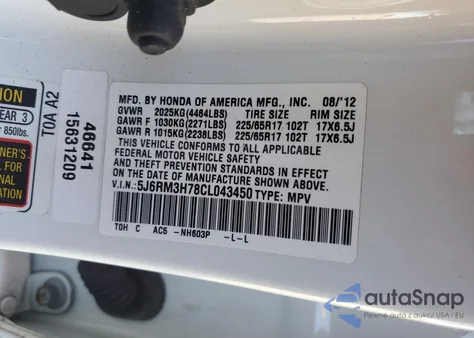 2012 Honda Cr-V Exl из США, поврежденный, VIN 5J6RM3H78CL043450